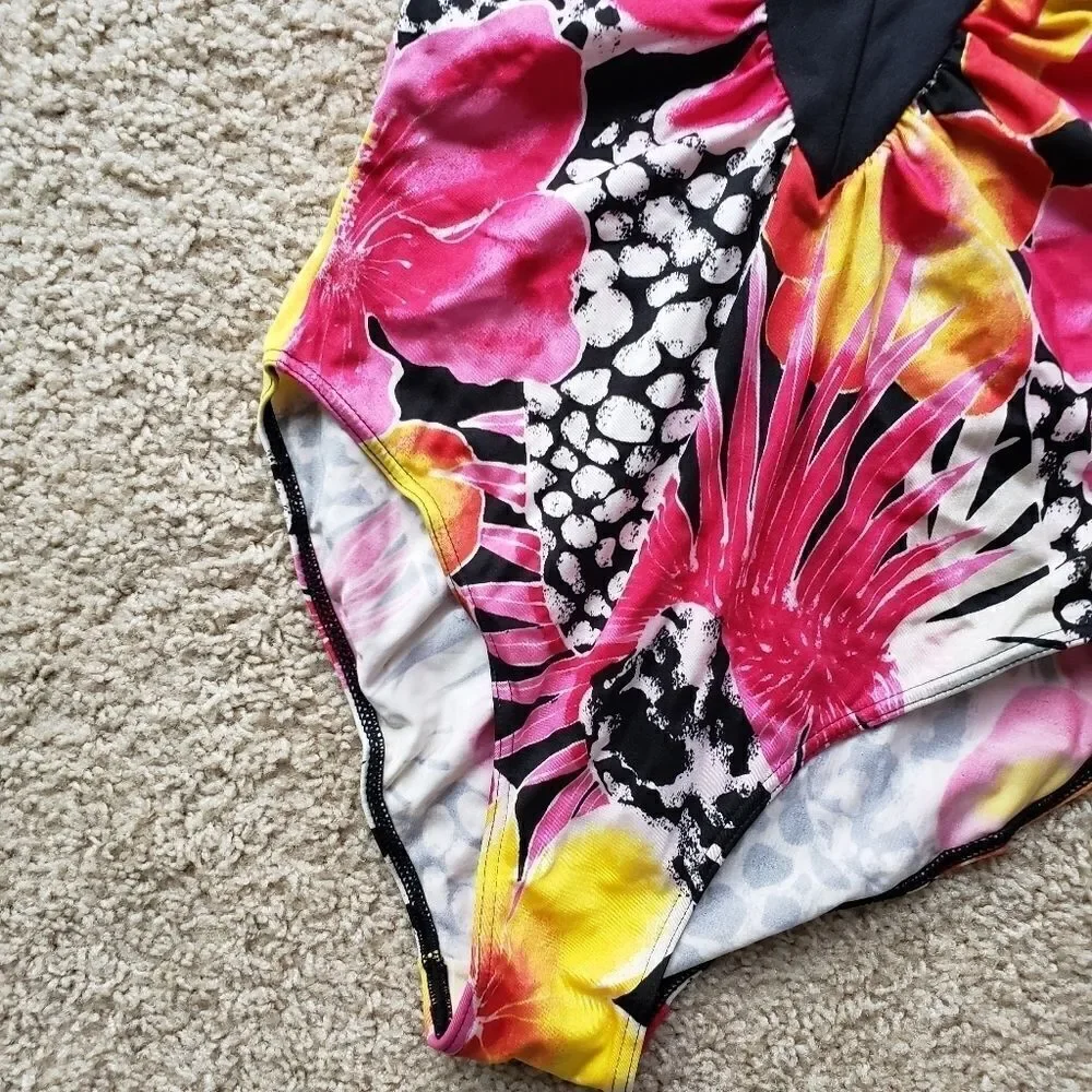 Vintage Tropical Plunging Neckline Pink Swimsuit Medium Like New